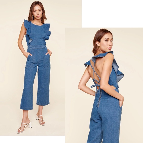 SUGARLIPS NWT Medium Wash Sleeveless Ruffled Cropped Denim Jumpsuit L - Picture 1 of 16